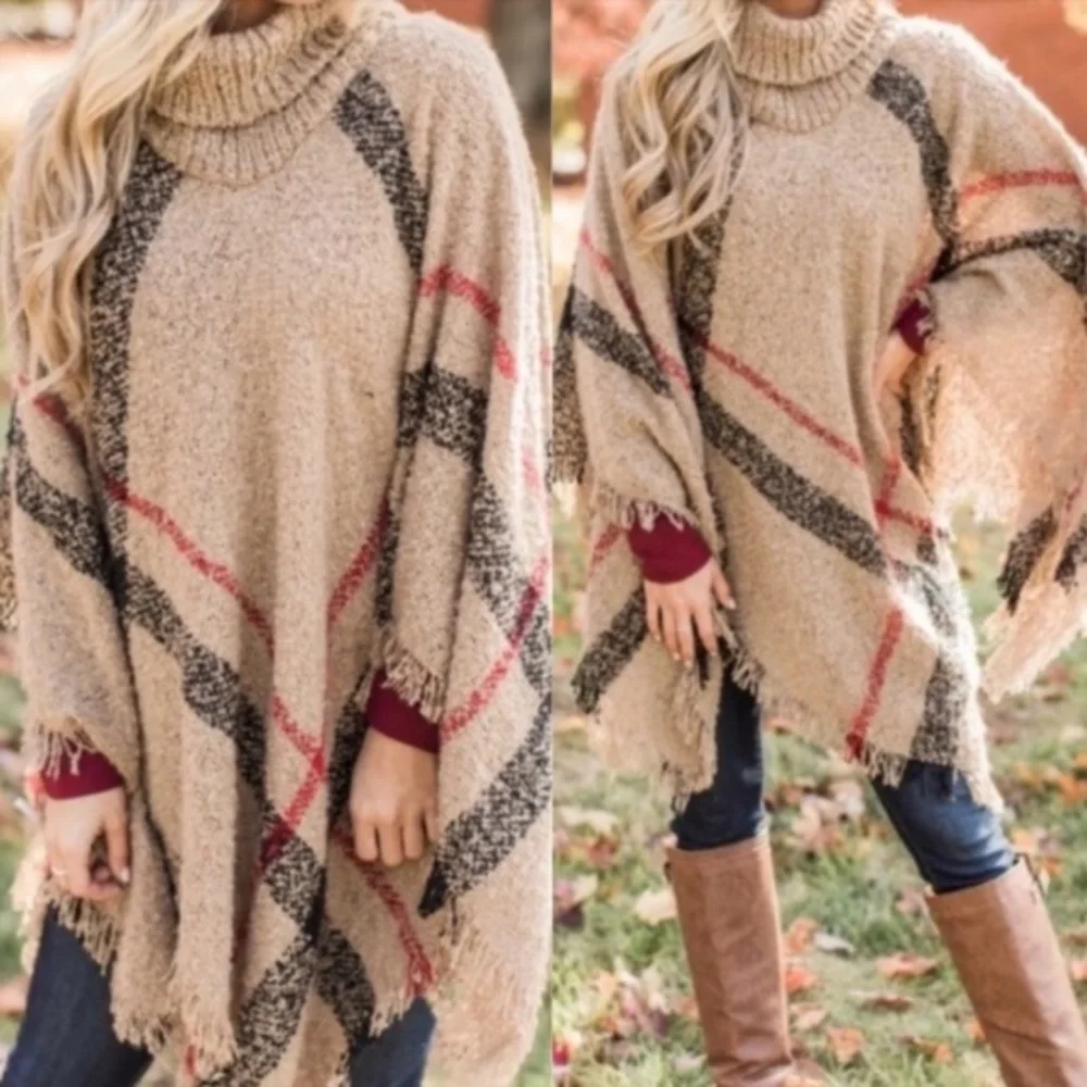 Cozy Red Turtleneck Plaid Frayed Hem Poncho - Picture 4 of 13